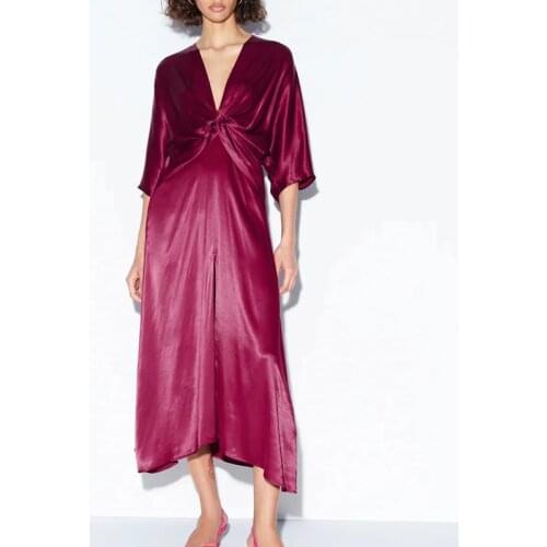Za Womens Dresses Elegant Chic Vestidos Mujer Party Evening Robes Femme Solid Ladies V neck Slim Robes Femme Woman Dress Autumn