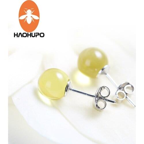 Hao Hu Po 8MM Round Shape 925 Sterling Silver Stud Genuine Amber Earrings for Women Gold Amber Jewelry Women Girl Trendy Gift
