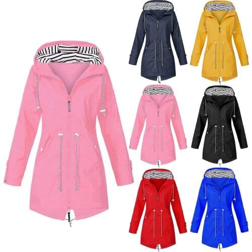 Women Hooded Waterproof Zipper Coats Mid-length Windproof Waterproof Raincoat Jacket Coats Tops Candy Color Coats#d3