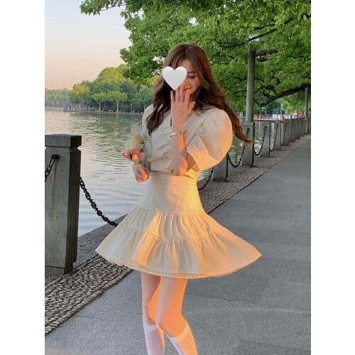 2021 Summer Chic Women Solid Puff Sleeve Bows Crop Tops Shirt+High Waist Pleat Mini Skirt 2 Piece Sets