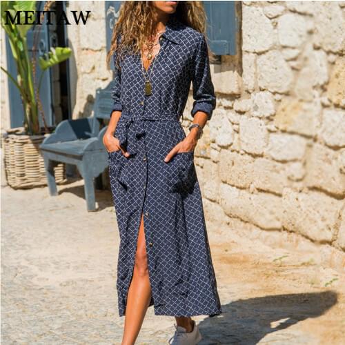 2020 Women Pocket High Waist Tie Up Maxi Dress Casual Loose Long Sleeve Boho Dress Lady Print Turn Down Collar Korean Dress