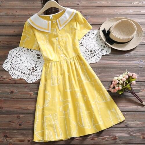 Mori girl cute sweet dress new summer fashion peter pan collar short sleeve vintage dress women yellow vestidos