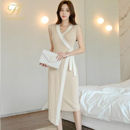 H Han Queen Summer Womens V-Neck Vintage Dresses Office Bodycon Pencil Sheath Dress Korean Elegant Simple Lace-Up Party Vestidos