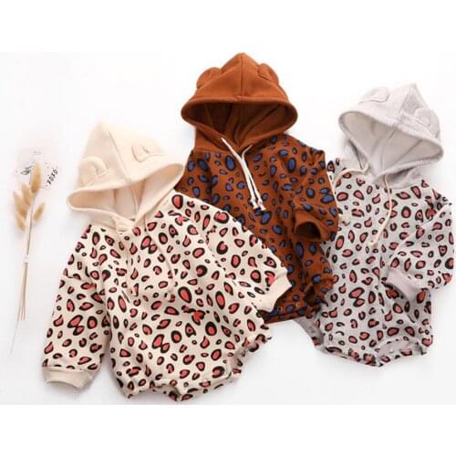 0-24M Winter Baby Boy Girls Leopard Romper Thicken Velvet Hooded Long Sleeve Outfits