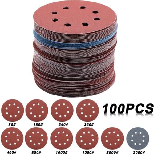 100pcs 5Inch 125mm Round Sandpaper 8 Holes Disk Sand Sheets Grit 80-3000 Hook and Loop Sanding Disc Abrasives for Polish