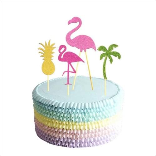 4 PCS/ SET Hawaiian Cake Toppers Pink Flamingo Pineapple Cactus Paper Cupcake Flags Hawaiian Birthday Wedding Party Decorations