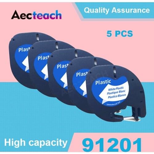 Aecteach 5PCS 91201 LT Label Tape 12mm*4M Black On White Plastic Label Tapes Compatible for DYMO Letra Tag Label Printer