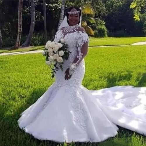 Africa Plus Size Mermaid Wedding Dresses 2021 High Neck Long Sleeves Appliques Lace Crystals Bridal Wedding Gowns Vestidos