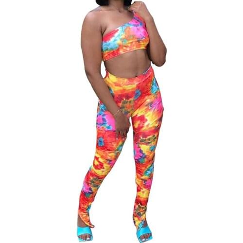BAMBOOBOY New Womens Fashion Sexy Tie Dye Printed Waistcoat Pants Skinny Club Bodycon Two Piece Set ZL1336
