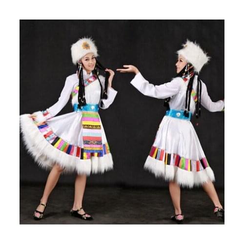 White Red Tibetan Mongolian Traditional Clothes Womens Ethnic Clothing Long Sleeved Fluffy Skirts Stage Mongolian Dance Costume