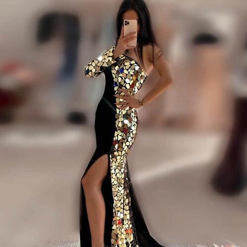 Sparkly Black One Shoulder Evening Dress Long Sleeve Gold Glasses Runway Fashion Gown Sexy Left Split Pageant Mermaid Vestidos