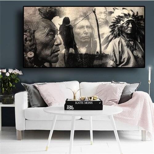 Black and White Native Indian Painting Posters and Prints Portrait Canvas Art Scandinavian Wall Picture for Living Room