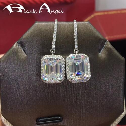 BLACK ANGEL 925 Sterling Silver Bling Shiny Rectangle Gemstone Luxury CZ Drop Earrings For Women Wedding Jewelry Christmas Gift