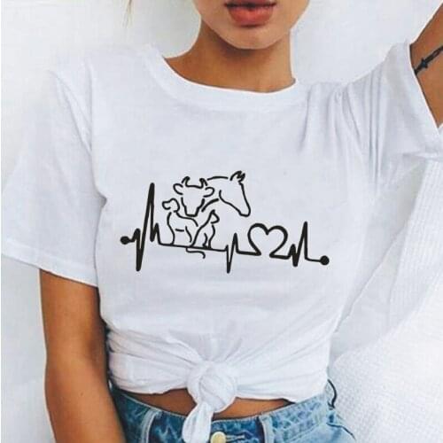 Womens T-Shirt Harajuku Cotton Plus Size Tops Animal Heartbeat Cow Horse Graphic Print Tees Summer Funny Casual 0-neck T-Shirts