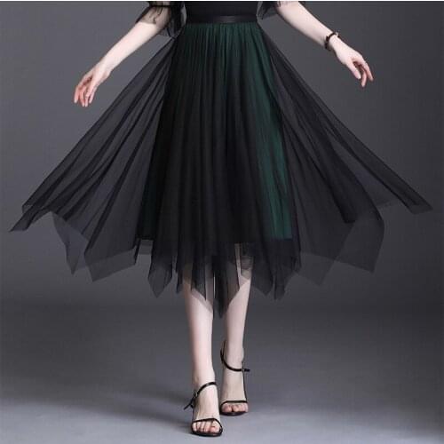 Both Sides Irregular Mesh Pleated Skirt for Women Fashion Elegant Loose Casual Korean Style Mid-long Summer Black Skirts 9080