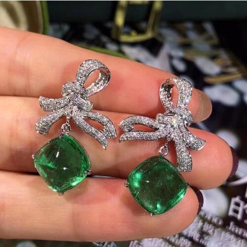 H124 18K Gold AU750 Colombia Origin Green Emerald 5.71ct and 6.35ct Diamonds Female Drop Earrings for Women Fine Earrings