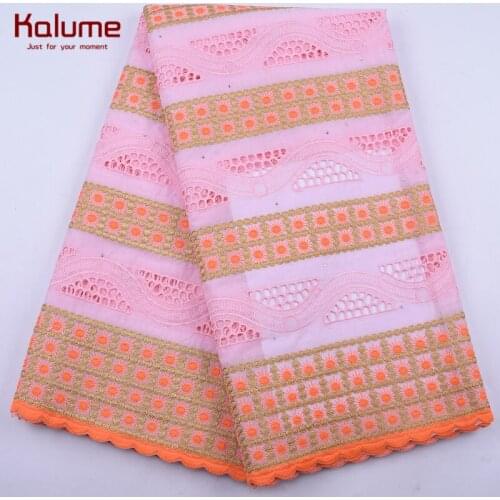 Kalume 2020 Pink African 100% Cotton Lace Fabric Hole Design Nigerian 100% Cotton Lace Fabric With Stones For Sewing Party 2088