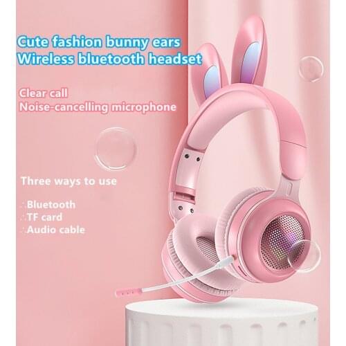 KE-01 LED light wireless bluetooth rabbit ear headphones with pluggable noise reduction long mic music headset support TF card