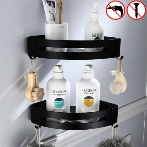 Space Aluminium Bathroom Triangle Shelf with Hook Black White Bath Shower Soap Shampoo Storage Corner Rack for Hotel Kithchen