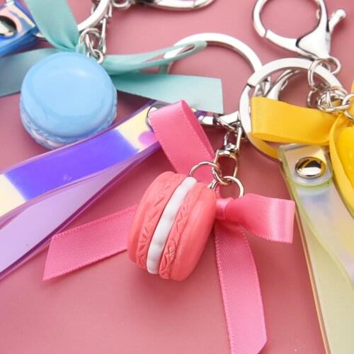 Creative Macarons Cake Keychain Ribbon Bow Leather Cord Key Chain Ring Women Girl Handbag Charm Fashion Key Ring Trinket