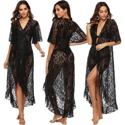 Lace Sexy Ruffles Hollow See-through Dress Cover Up Bikini Women Swimsuit Cover-up Swimwear Irregular Sunscreen Beach Cardigan