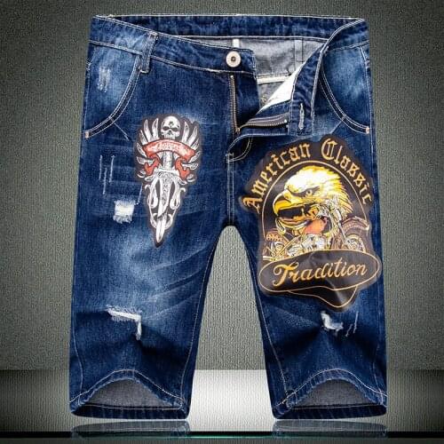 Men States The United Short 2020 Summer Denim Shorts American Air Force Eagle Straight Male Frayed knee length Jeans 528