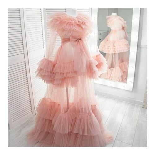 Soft Tulle Maternity Robes Long Sleeves With Bow Waistband Long Length See Thru Ruffles Pleated Pregnany Dresses 2021