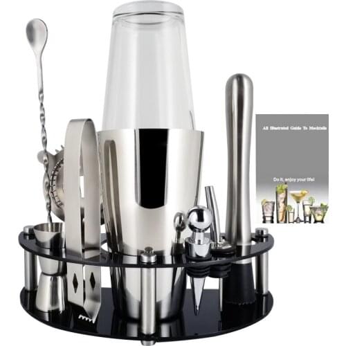 1-12 Pcs Cocktail Shaker Set Bartender Kit with Rotating Display Stand and Recipes Booklet