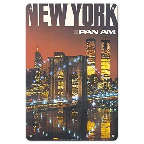 New York - Pan American World Airways - Brooklyn Bridge, Twin Towers - Airlinec.1975 Metal Tin Sign