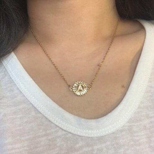Simple Zircon Initial Letter CZ Circle Charm Choker Necklace Elegant Copper Gold Color A-Z Alphabet Geometric Collar Steel Chain