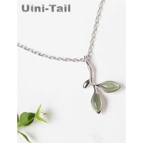 Uini-Tail hot new 925 sterling silver green leaf necklace female simple fashion sweet personality hundred matching accessories