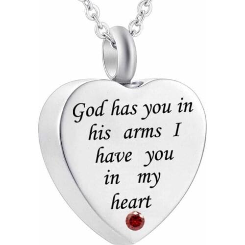 Engraved God has You in his arms Heart Birthstone Urn Necklaces for Ashes Stainless Steel Memorial Keepsake Cremation Jewelry