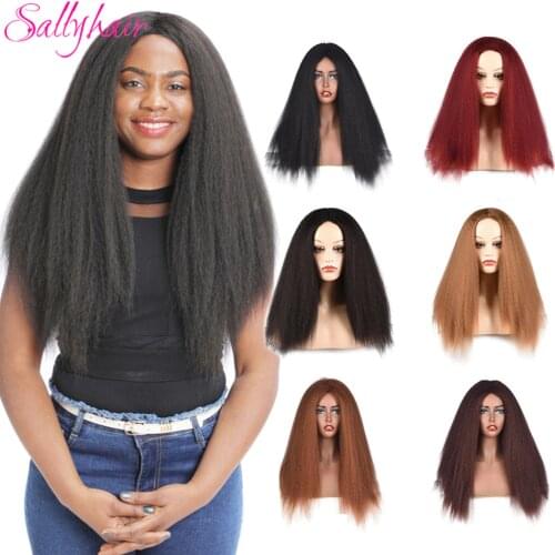 Sallyhair Afro Yaki Straight Synthetic Long Wig 24inch High Temperature Fiber Natural Black Brown Color Fluffy Wigs