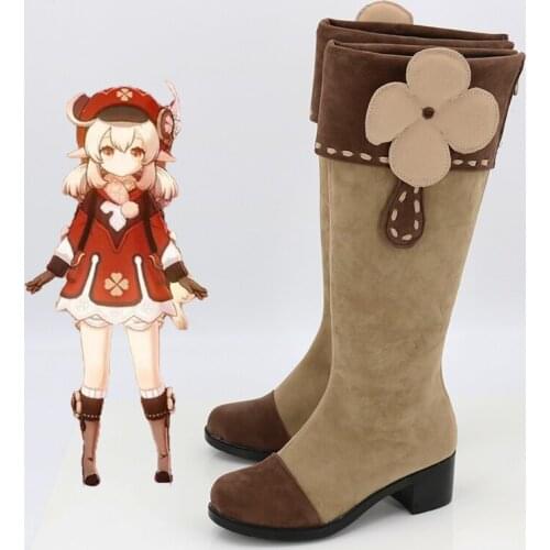 Hot Game Genshin Impact Cosplay Shoes Klee Cosplay Boots Zipper Women Men Chunky Heel Shoes Round Toe Ladies Knee High Boots