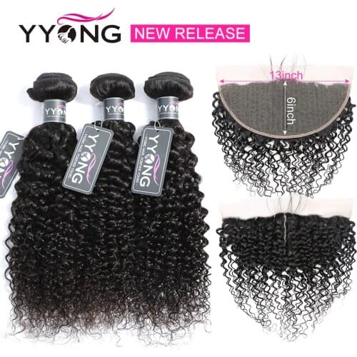 Brazilian 3/4 Bundles Kinky Curly Hair With Closure T Part Half HandTied 13X1+1X6 Ear To Ear Lace Closure With Bundle