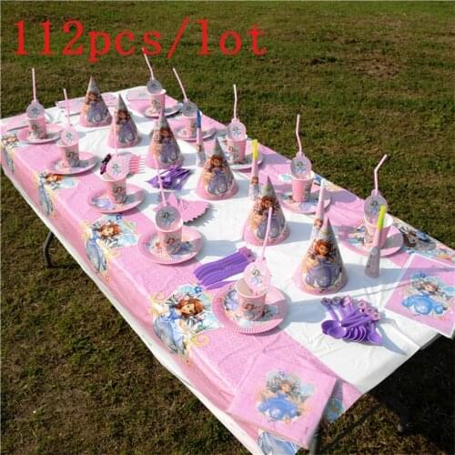 Disney Princess Sofia Theme Design 112Pcs/Lot Pink Cups Plates Cute Tableware Birthday Party Decoration For Family Party Supply