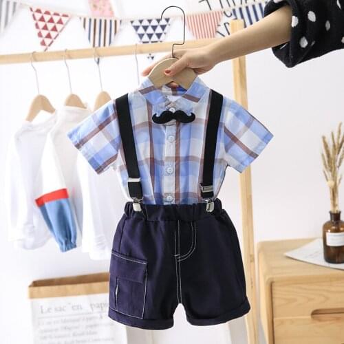 Summer Toddler Boy Childrens Clothing Plaid Shirt Short Sleeve + Denim Suspenders Shorts 2PCS Kids Boy Sets