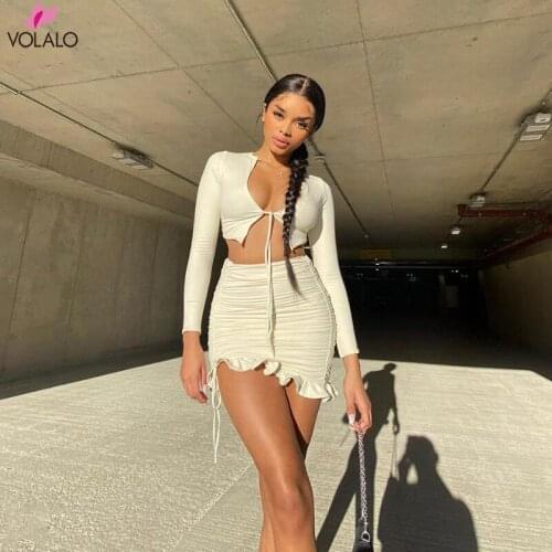 Ruffles Ruched Drawstring Club Women Matching Sets Long Sleeve Sexy Party Skinny V Neck Top And Skirts 2 Piece Outfits