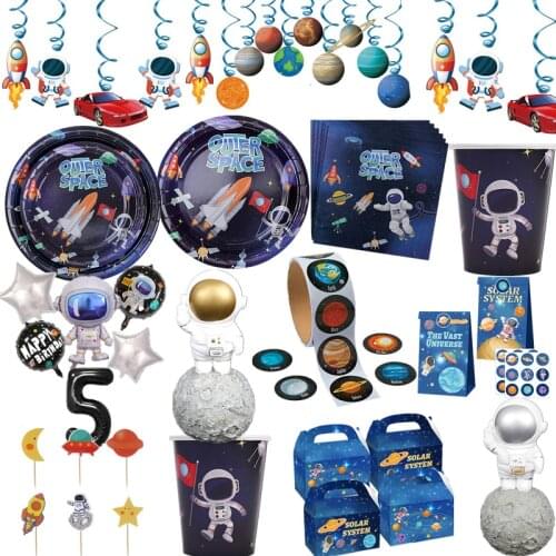 Outer Space Party Supplies Birthday Party Decorations Kids Disposable Tableware Kit Cups Plates Napkin Astronaut Foil Balloons