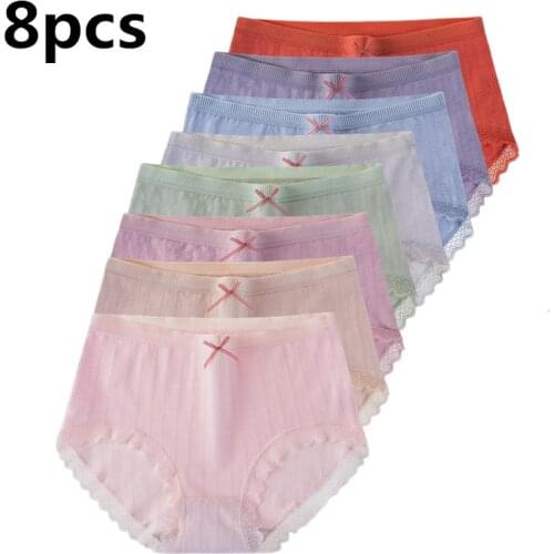8Pcs Women lace Panties high mid Waist Pure Cotton Underwear Cute Printed Seamless Briefs Ladies Slimming Panty Plus SizeXXXL