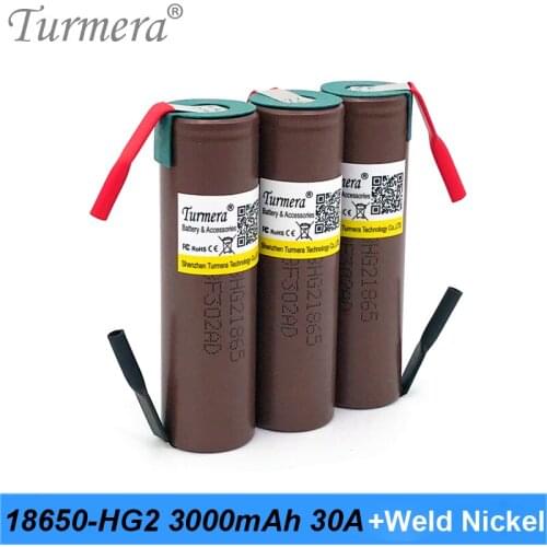 Turmera 2021 18650 HG2 3000mAh Battery 30A Soldering Nickels for 12V 14.4V 18V 21V 25V Electric Drill Screwdriver Batteries Use