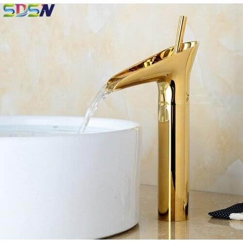 Gold Basin-mixer Tall Bathroom Water-tap Brass Waterfall Wash-basin Faucet SDSN Vessel Basin-tap Faucet Single Hole Sink-taps