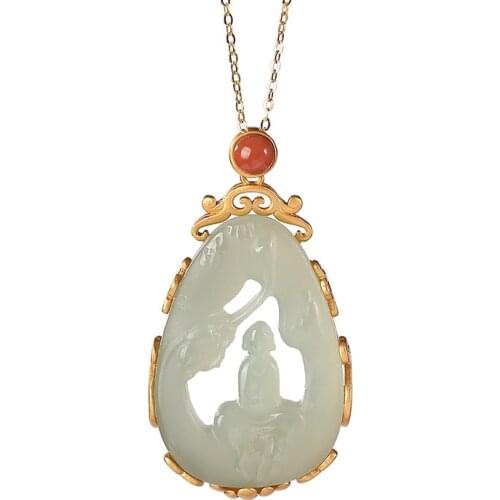 S925 sterling silver gold-plated natural Hetian gray jade master of Zen pendant retro hollow womens single pendant