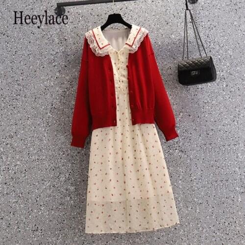 Plus Size 4XL Women Elegant Suit Cardigan Sweater Red Top And Sweet Dress Two Piece Set 2021 Winter Fall Ladies Clothing Outfit