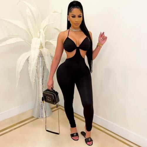 Women Jumpsuits 2021 Summer Hollow Solid Color Sleeveless Romper, Slim Fit Deep V-neck Hollow Out Long Jumpsuit for Summer