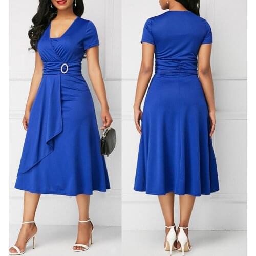 Plus Size Elegant Women Solid Color Short Sleeve V Neck Asymmetric Hem Waist Tight Midi Party Dress Ladies Evening Vestidos