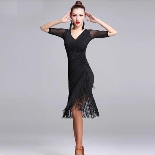 Black Latin Dance Dress Short-sleeve Latin Dance Tassel one-piece dress for women female Ballroom tango Cha Cha Rumba Costumes