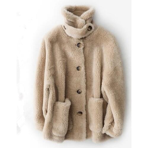 Winter Women Short Lamb Fur Jacket Korean Long Sleeve Loose Granule Sheep Shearing Coat Temperament Warm Outerwear Female H1692