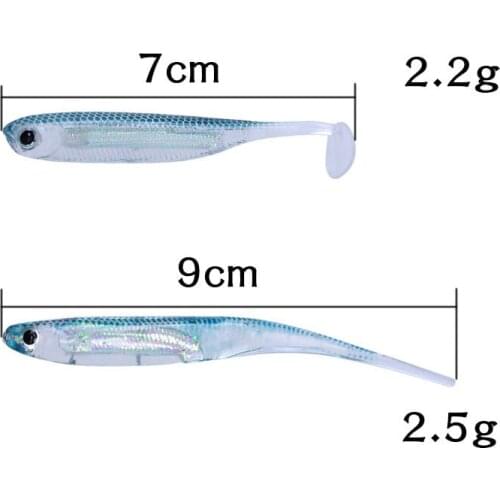 10Pcs Fishing Soft Bait T Tail Rainbow Fish Lure 7CM 9CM Needle Tail Shad Sequin Swing Fishing Spinner Bait Silicone Crankbait