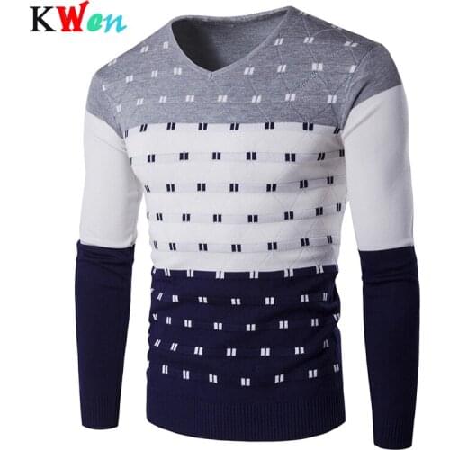 2019 New Striped Sweater Men Warm Long Sleeve V Neck Winter Clothes For Male Fashion Slim Fit Print Pullover Sweater 5 Colors